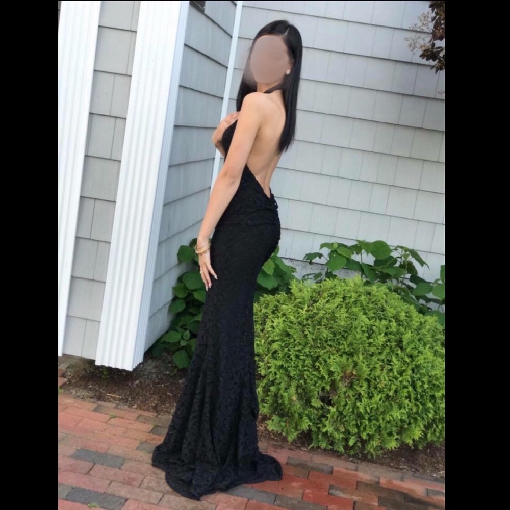 Black , floral imprint , prom dress